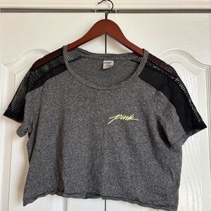 PINK Victoria's Secret Gray Crop Top with Black Mesh Sleeves